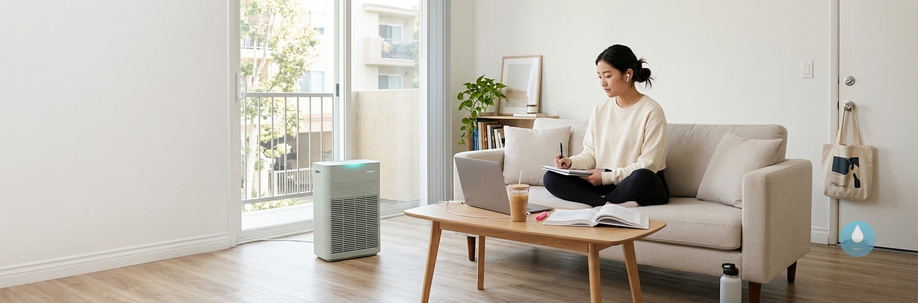 College student studying in her Los Angeles apartment with Coway SquareFit AP-1125G air purifier