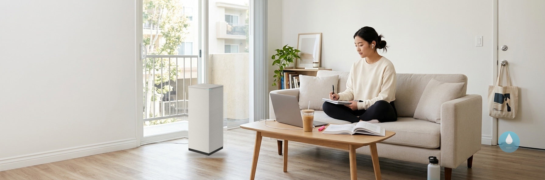 College student studying in her Los Angeles apartment with a Coway Noble 2 AP-2023K air purifier