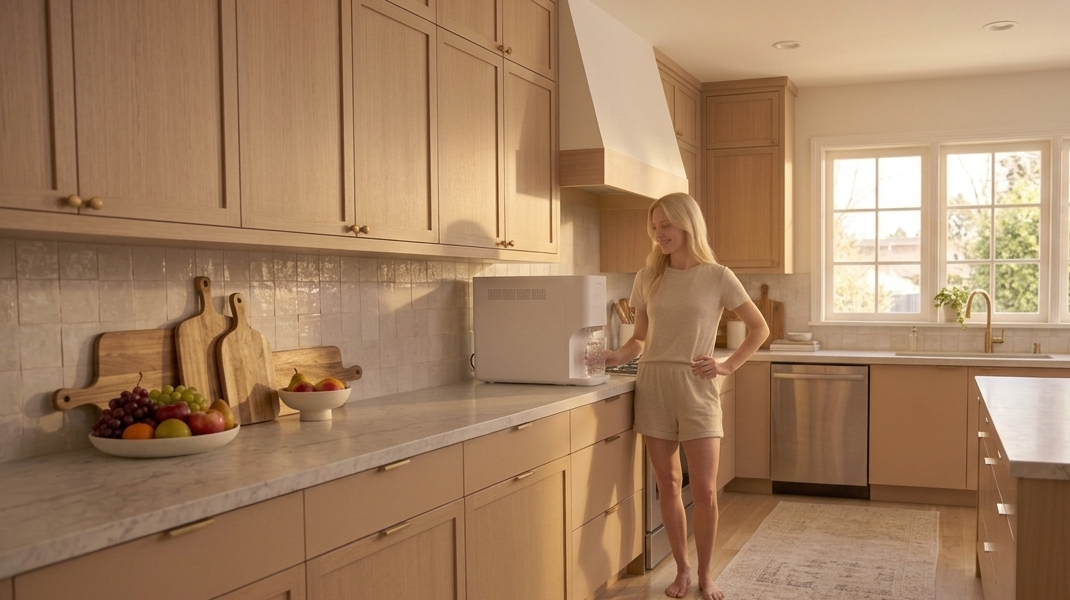 Woman dispensing ice water from Coway countertop water purifier in modern kitchen